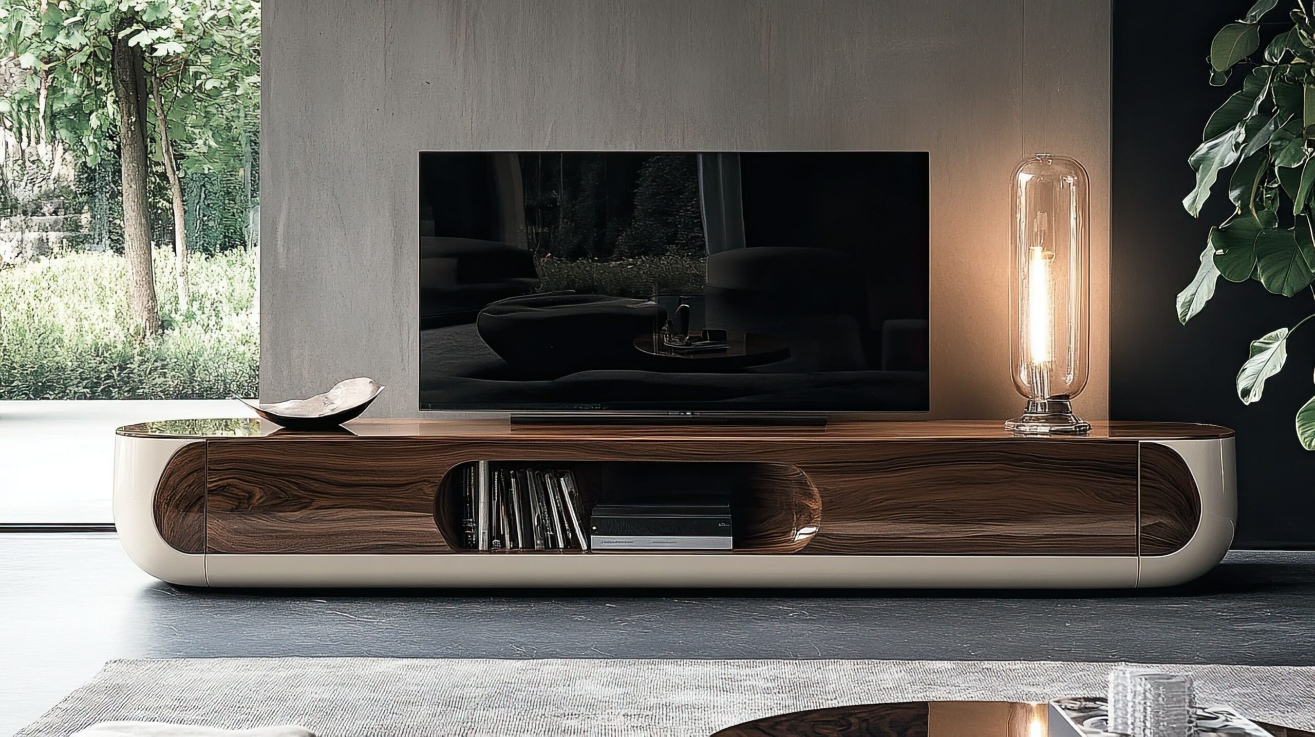 TV Schrank mit Hochglanzlack und dunkler Holzmaserung in modernem Wohnzimmer