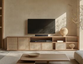 TV Schränke: Helles Wohnzimmer mit modernem Sideboard aus Holz, Fernseher und Naturdekoration