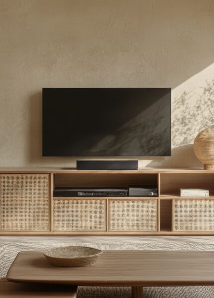 TV Schränke: Helles Wohnzimmer mit modernem Sideboard aus Holz, Fernseher und Naturdekoration